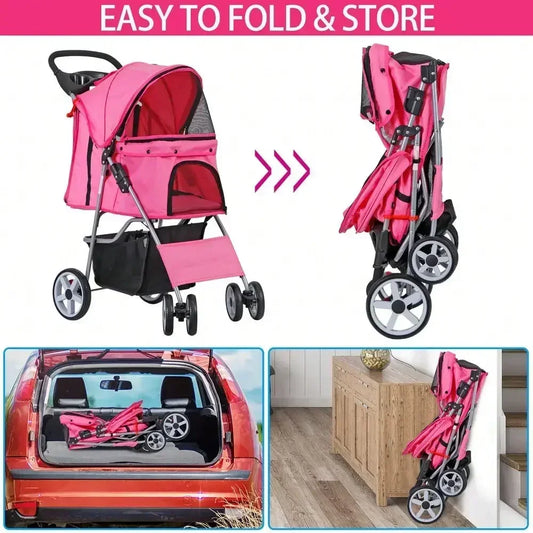 Foldable Pet Stroller 4 Wheel w/ Cup Holder