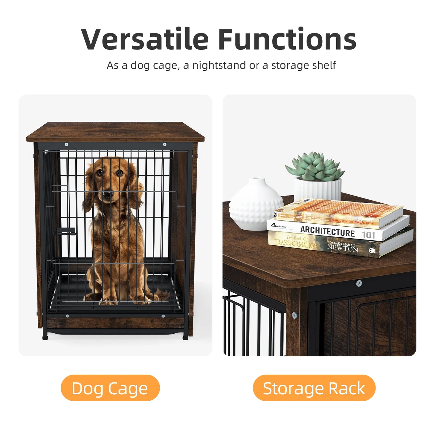 End Table Furniture, Wood Metal Kennel, 2 Doors, Removable Tray, Dog Crate,