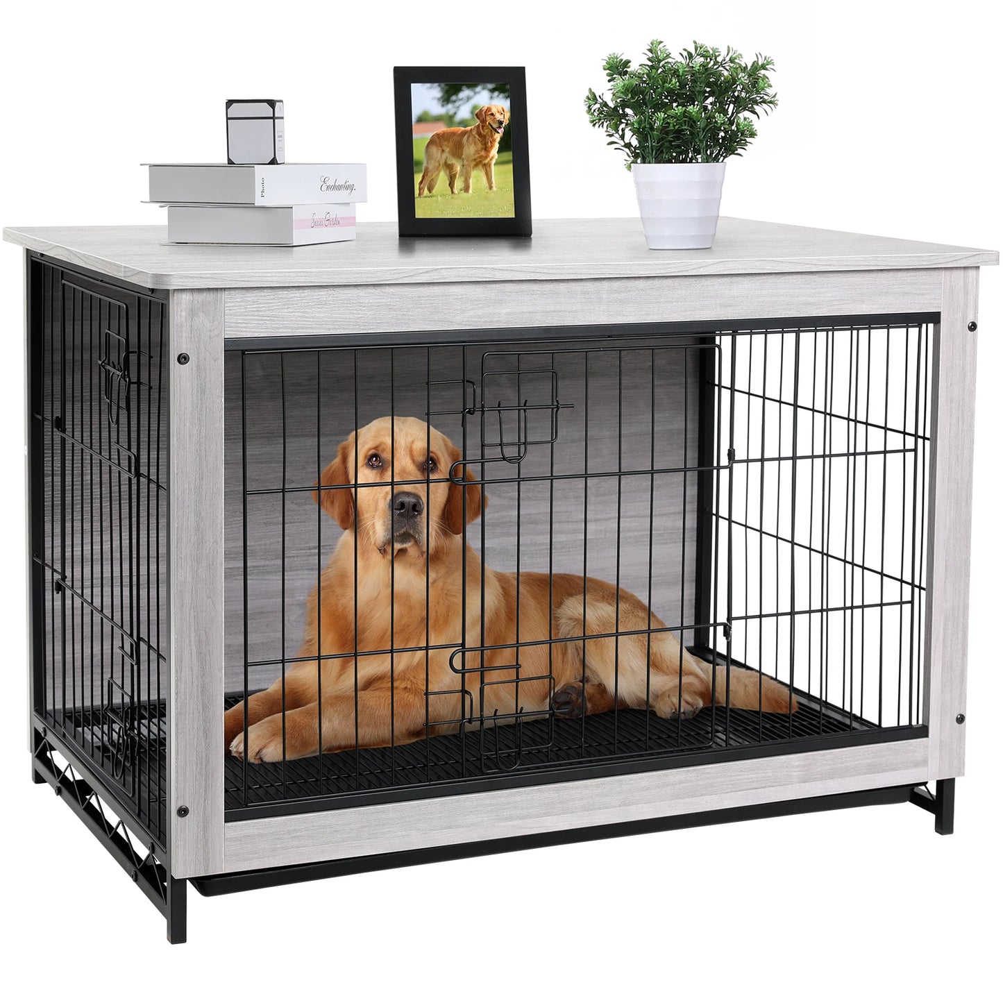 Double Doors Heavy-Duty, Furniture Wooden Side End Table Modern Dog Kennel/Crate