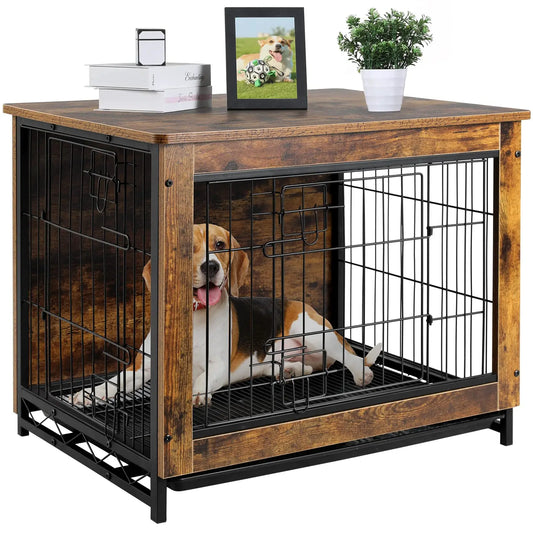 Double Doors Heavy-Duty, Furniture Wooden Side End Table Modern Dog Kennel/Crate
