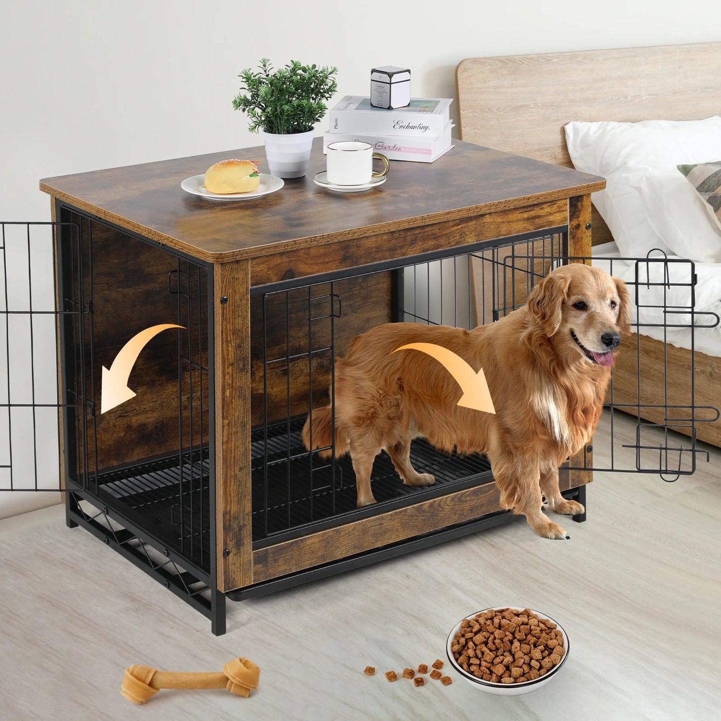 Double Doors Heavy-Duty, Furniture Wooden Side End Table Modern Dog Kennel/Crate