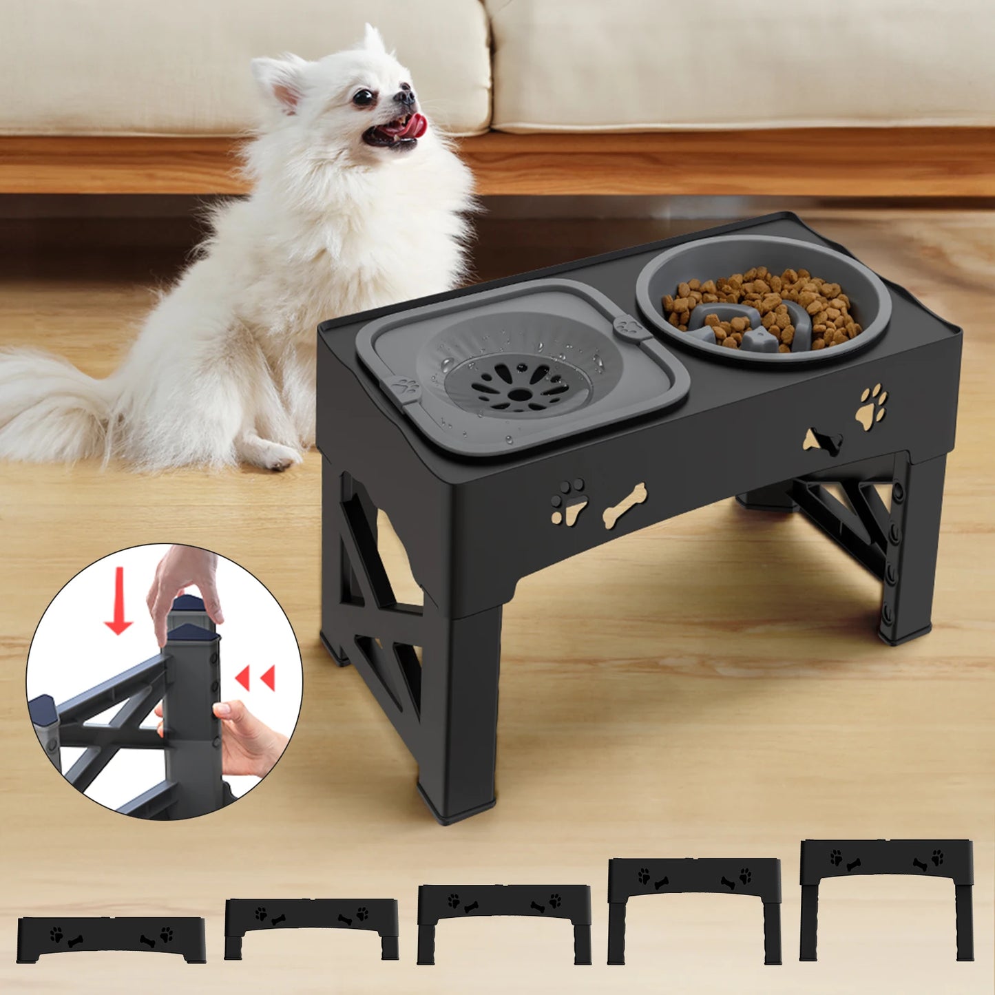 3 In 1 Dog Slow, Feeder Double Bowls Foldable With 5 Adjustable Height