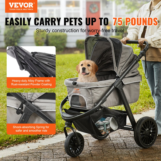 Dog Stroller Carrier, Lightweight Travel with Brakes, Cup Holder