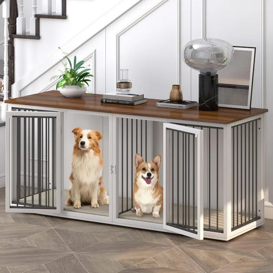 Steel Frame, Large 2 Dog Crate Furniture, Double Doors, Double Dog Cage (White)
