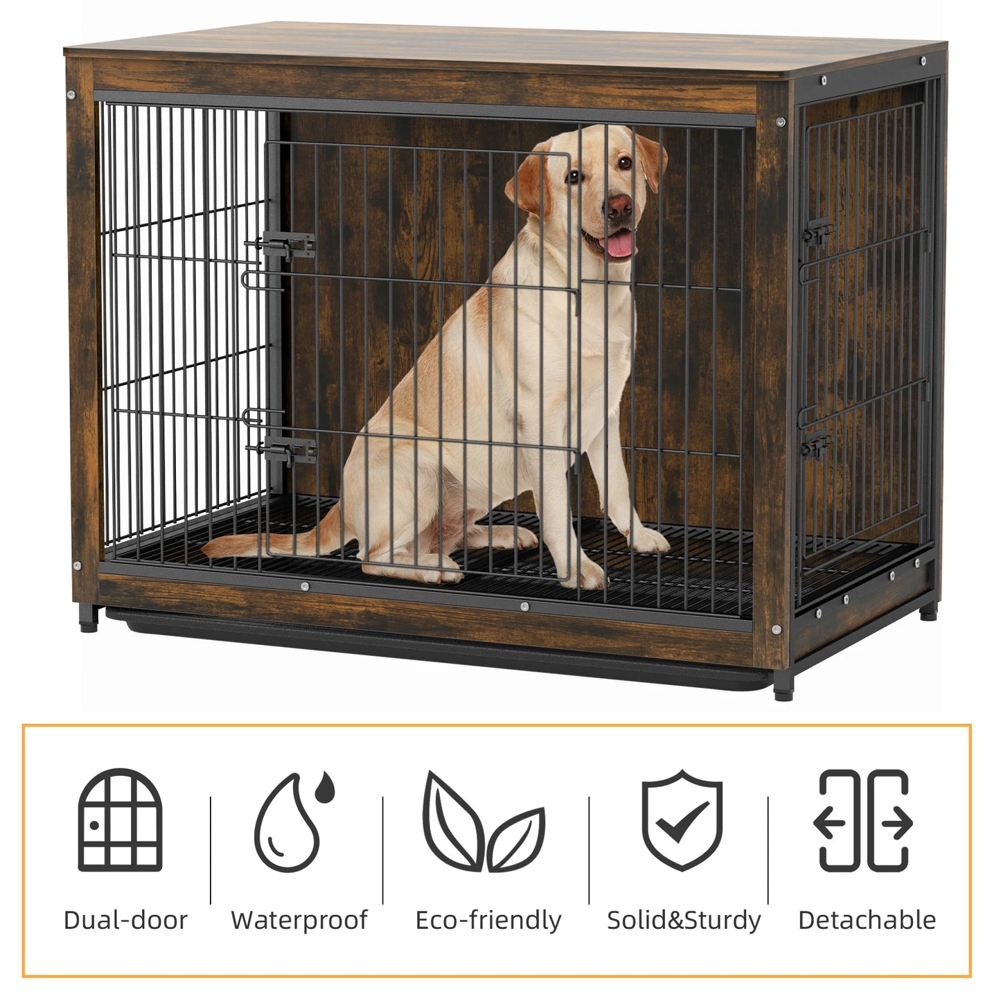 End Table Furniture, Wood Metal Kennel, 2 Doors, Removable Tray, Dog Crate,