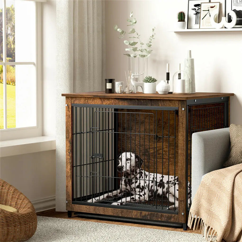 End Table Furniture, Wood Metal Kennel, 2 Doors, Removable Tray, Dog Crate,