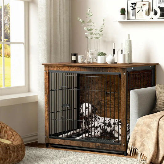 End Table Furniture, Wood Metal Kennel, 2 Doors, Removable Tray, Dog Crate,
