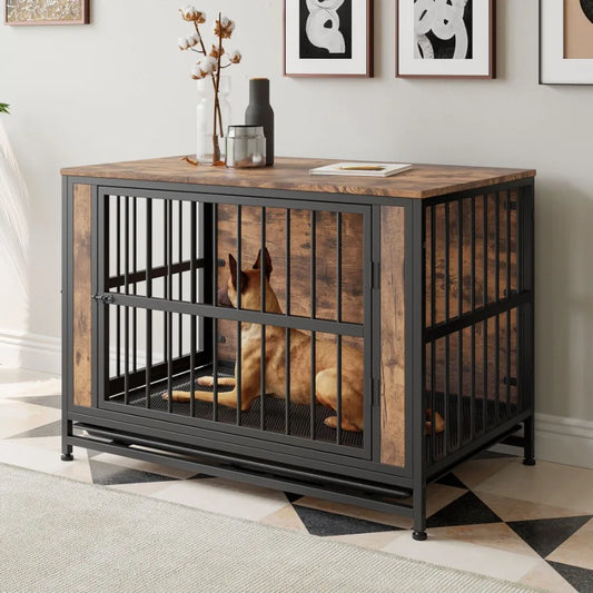 Furniture Wooden Dog Crate Table,  2 Thick Iron Sliding Doors