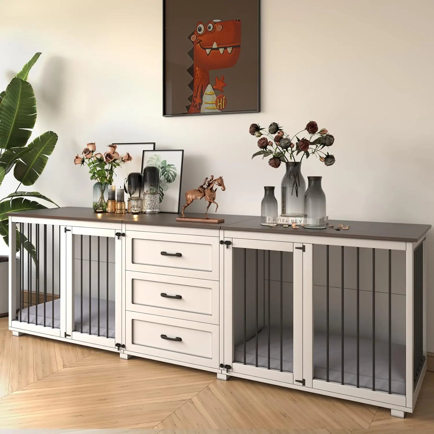 Furniture Farmhouse Wooden Dog Kennel/Crate 3 Drawer, Locking Double Doors