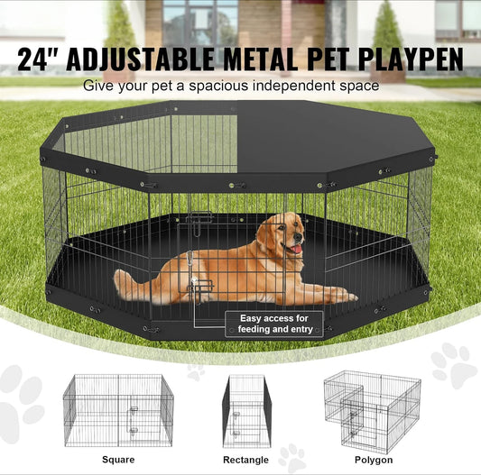Foldable Metal Dog Exercise Playpen for Camping with Top Cover