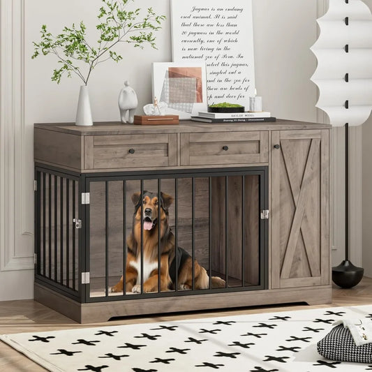Furniture Dog Farmhouse Modern Side Table/Kennel, Double Doors Wooden.  2 Drawers Storage