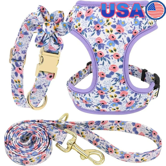 Dog Adjustable, Harness Leash Collar Set, Floral Soft Mesh Vest